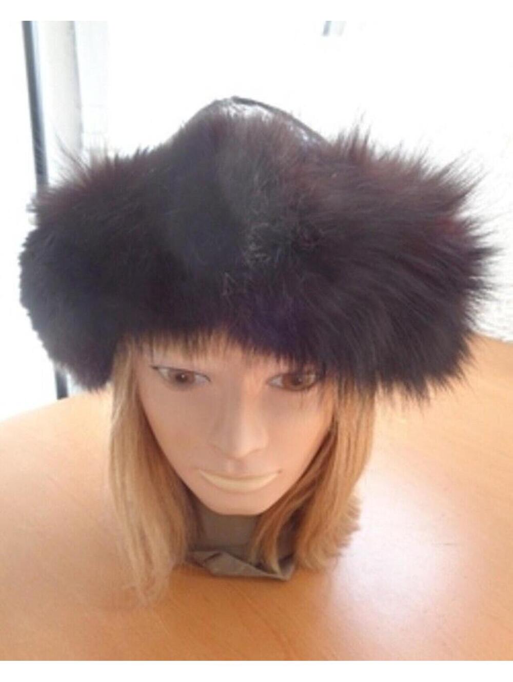 EXCELLENT BROWN FOX FUR HAT CAP WITH LEATHER TOP WOMEN WOMAN SIZE ALL
